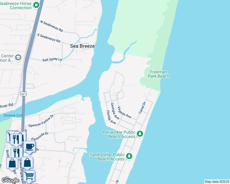 map of restaurants, bars, coffee shops, grocery stores, and more near 400 Virginia Avenue in Carolina Beach