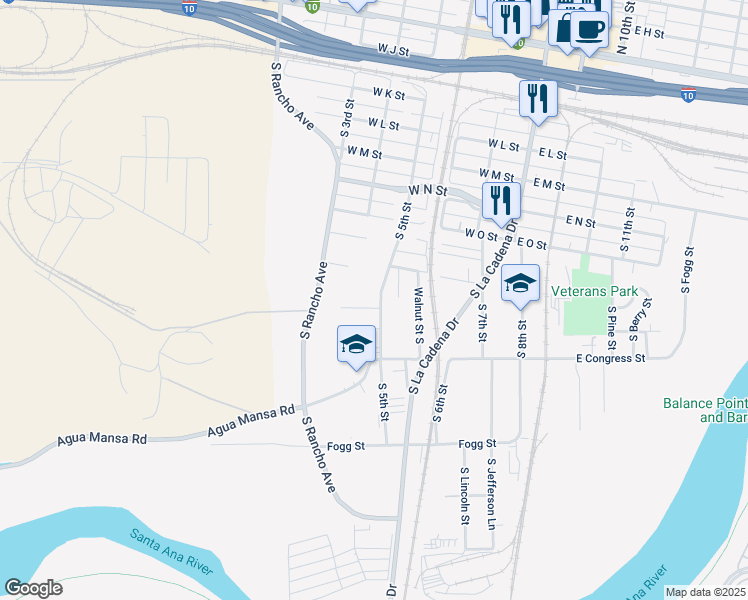 map of restaurants, bars, coffee shops, grocery stores, and more near 689 South 5th Street in Colton