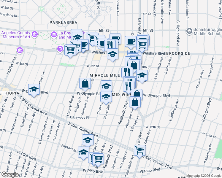 map of restaurants, bars, coffee shops, grocery stores, and more near 941 Cloverdale Avenue in Los Angeles