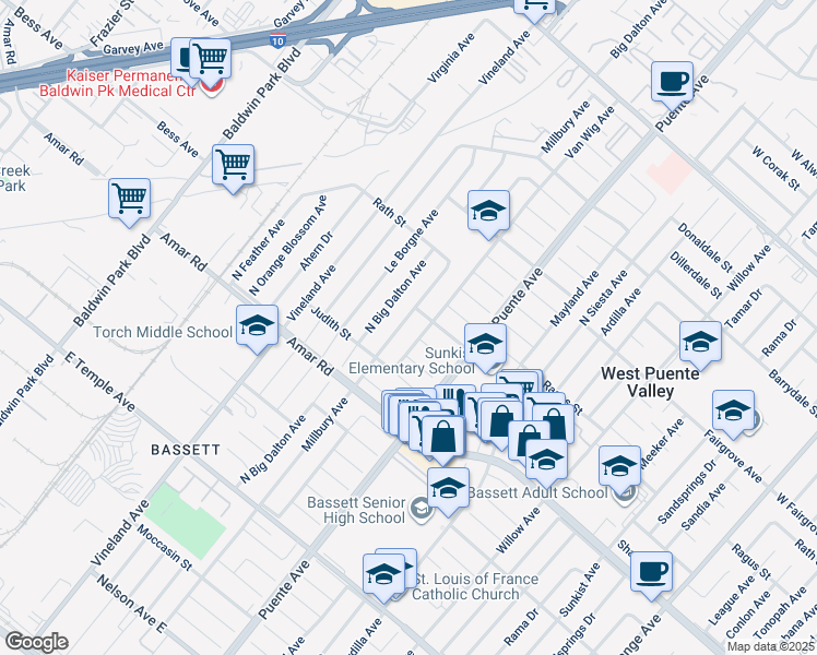 map of restaurants, bars, coffee shops, grocery stores, and more near 948 Millbury Avenue in La Puente
