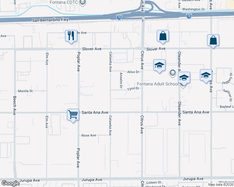map of restaurants, bars, coffee shops, grocery stores, and more near 15939 Tyrol Drive in Fontana