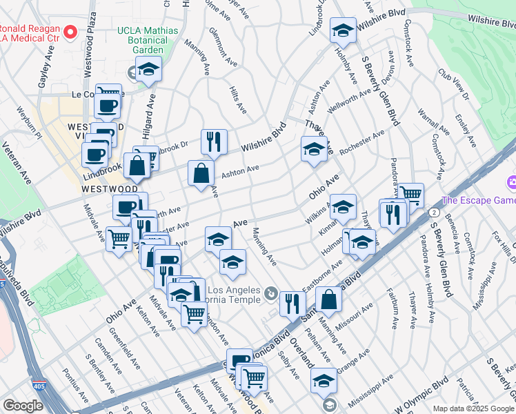 map of restaurants, bars, coffee shops, grocery stores, and more near 10674 Rochester Avenue in Los Angeles