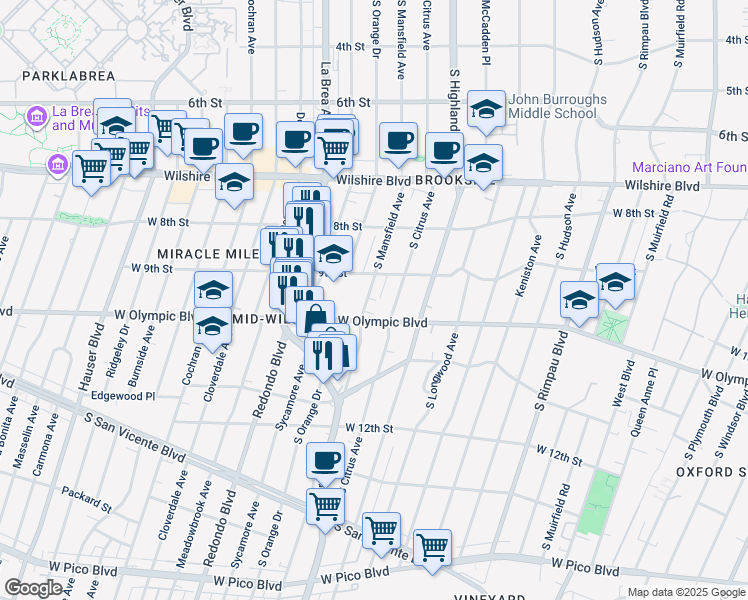 map of restaurants, bars, coffee shops, grocery stores, and more near 958 South Mansfield Avenue in Los Angeles