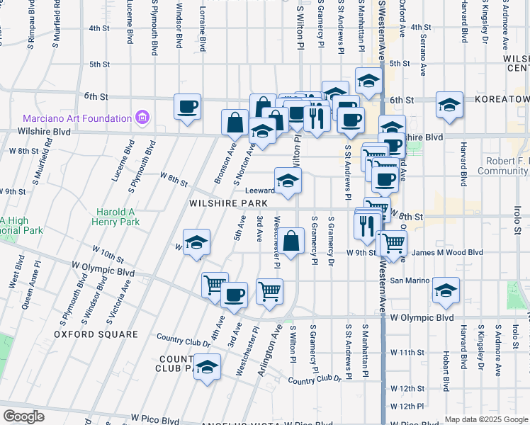 map of restaurants, bars, coffee shops, grocery stores, and more near 811 Westchester Place in Los Angeles