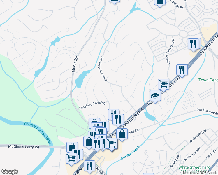map of restaurants, bars, coffee shops, grocery stores, and more near 4267 Goldfield Trace in Suwanee