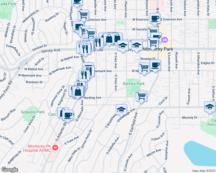 map of restaurants, bars, coffee shops, grocery stores, and more near 415 South Moore Avenue in Monterey Park