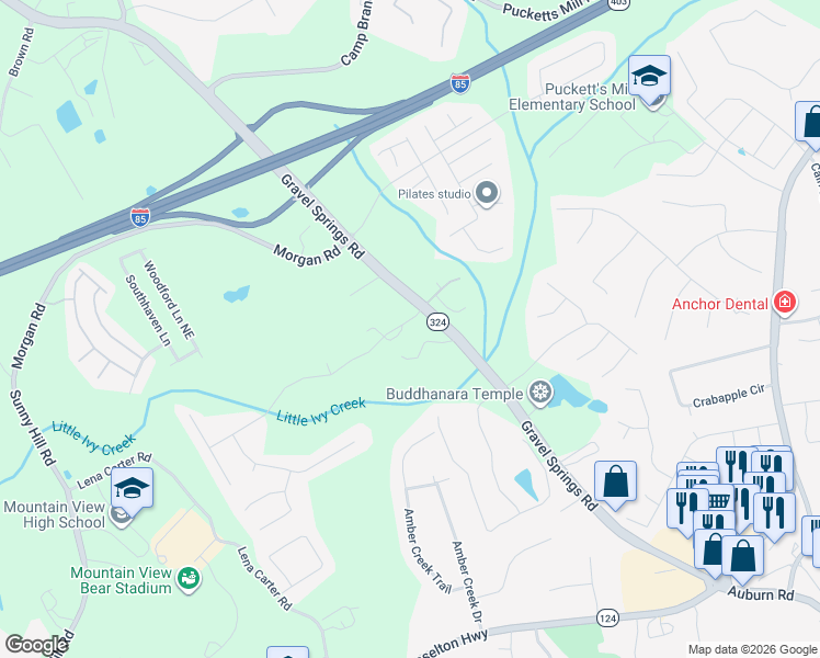 map of restaurants, bars, coffee shops, grocery stores, and more near 2585 Kirkstone Drive in Buford