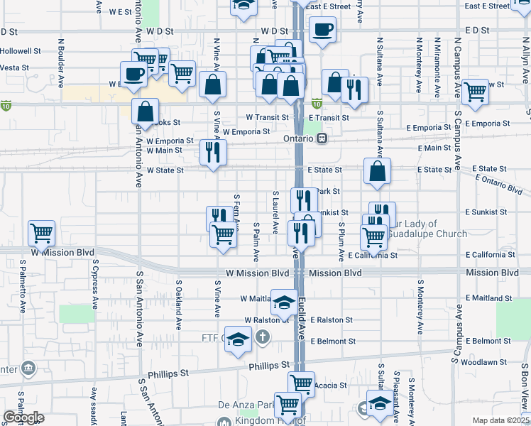 map of restaurants, bars, coffee shops, grocery stores, and more near 612 South Laurel Avenue in Ontario