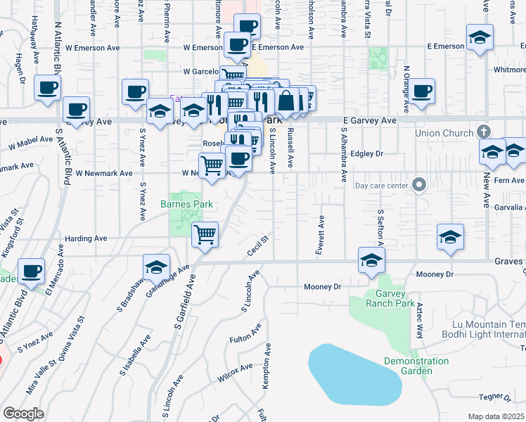 map of restaurants, bars, coffee shops, grocery stores, and more near 123 Susan Way in Monterey Park