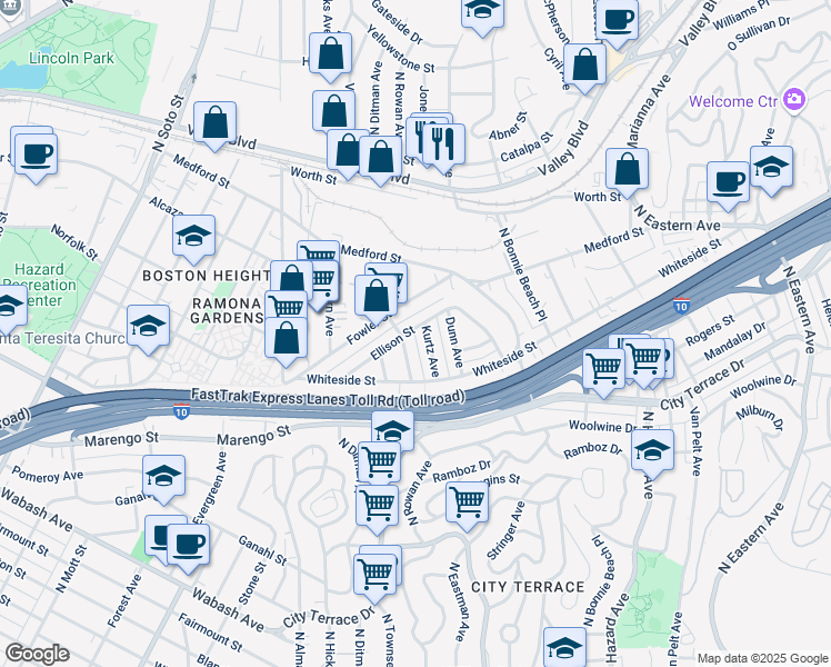 map of restaurants, bars, coffee shops, grocery stores, and more near 1505 Adkisson Avenue in Los Angeles