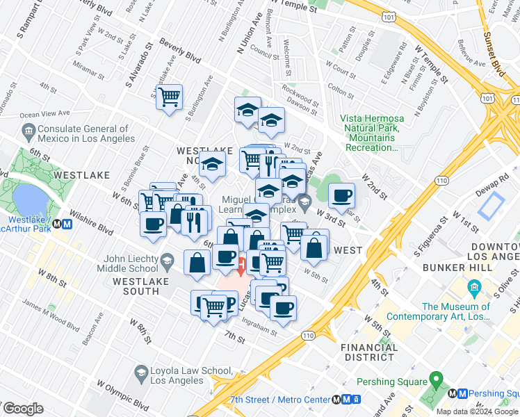 map of restaurants, bars, coffee shops, grocery stores, and more near 417 Witmer Street in Los Angeles