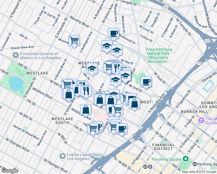map of restaurants, bars, coffee shops, grocery stores, and more near 417 Witmer Street in Los Angeles
