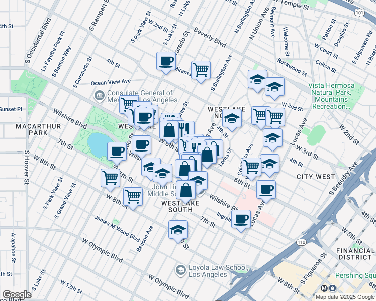 map of restaurants, bars, coffee shops, grocery stores, and more near 1725 West 6th Street in Los Angeles