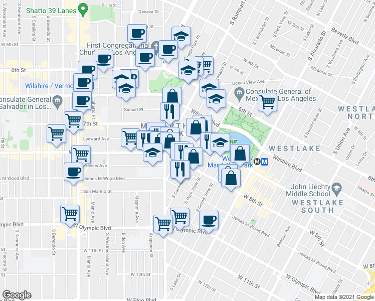 map of restaurants, bars, coffee shops, grocery stores, and more near in Los Angeles