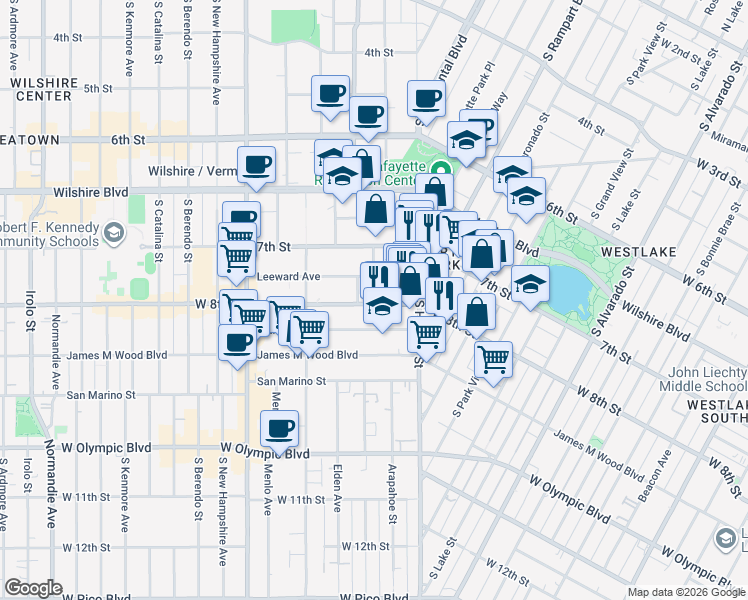 map of restaurants, bars, coffee shops, grocery stores, and more near 2744 West 8th Street in Los Angeles