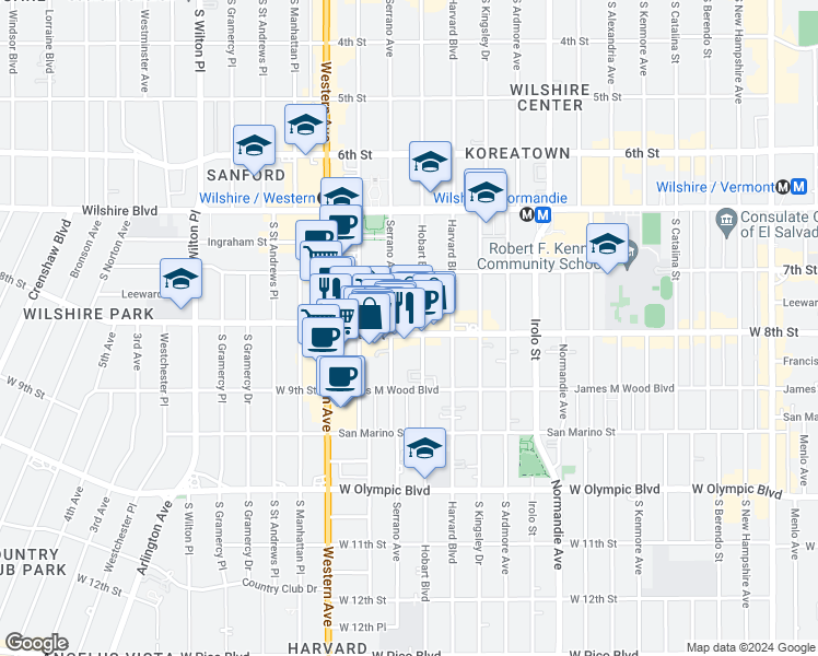 map of restaurants, bars, coffee shops, grocery stores, and more near 820 South Serrano Avenue in Los Angeles