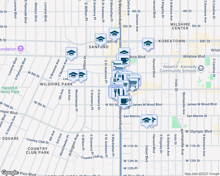 map of restaurants, bars, coffee shops, grocery stores, and more near 816 South Saint Andrews Place in Los Angeles