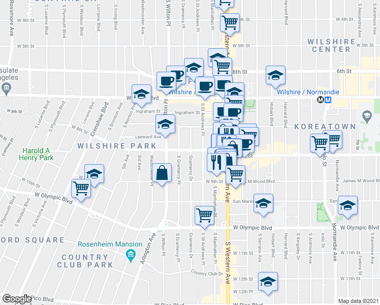map of restaurants, bars, coffee shops, grocery stores, and more near in Los Angeles