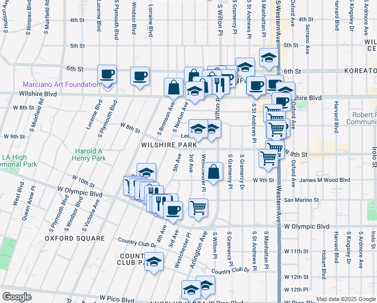 map of restaurants, bars, coffee shops, grocery stores, and more near 821 3rd Avenue in Los Angeles