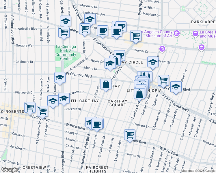 map of restaurants, bars, coffee shops, grocery stores, and more near 1042 South Crescent Heights Boulevard in Los Angeles