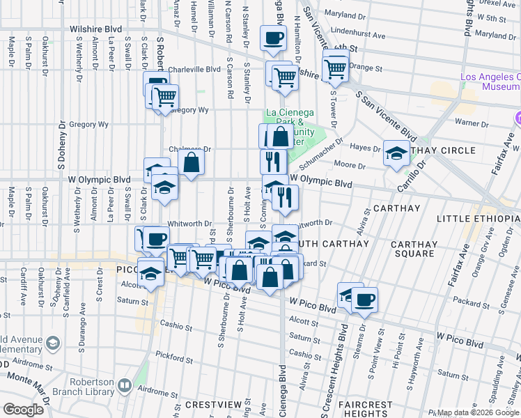 map of restaurants, bars, coffee shops, grocery stores, and more near 1060 South Corning Street in Los Angeles