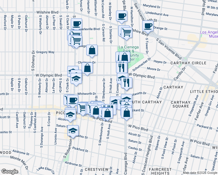 map of restaurants, bars, coffee shops, grocery stores, and more near 1059 South Holt Avenue in Los Angeles