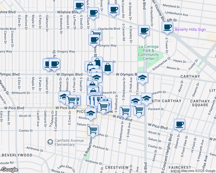 map of restaurants, bars, coffee shops, grocery stores, and more near 1060 South Shenandoah Street in Los Angeles