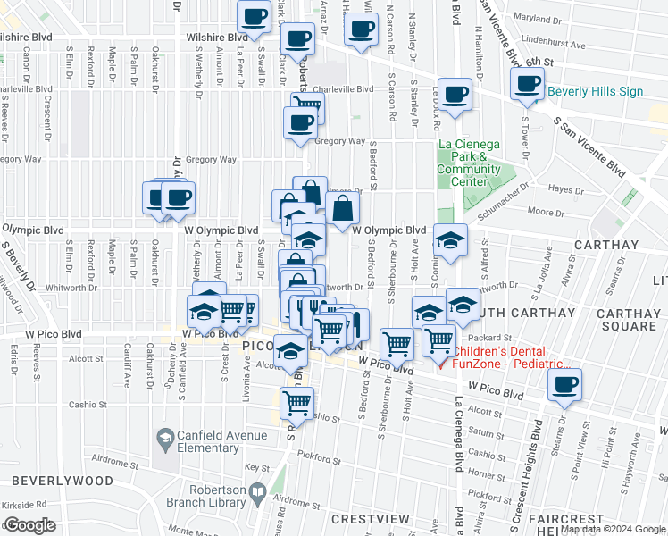 map of restaurants, bars, coffee shops, grocery stores, and more near 1060 South Shenandoah Street in Los Angeles