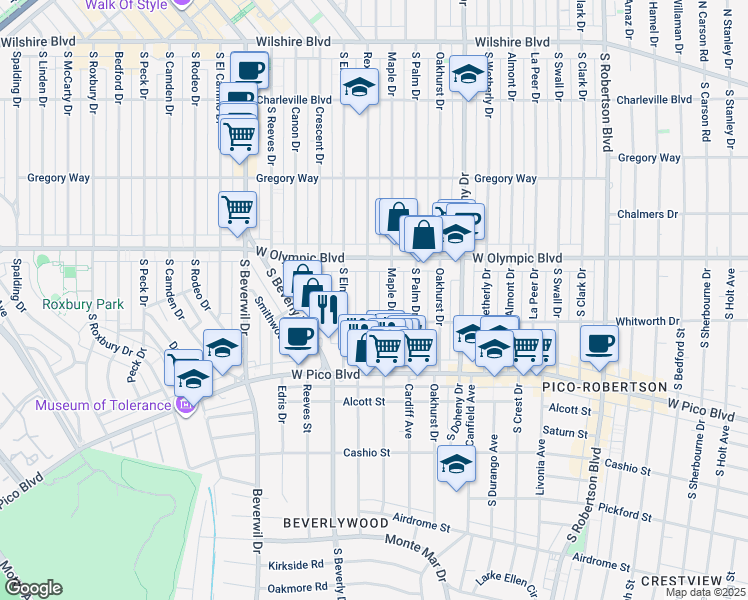 map of restaurants, bars, coffee shops, grocery stores, and more near 454 South Rexford Drive in Beverly Hills