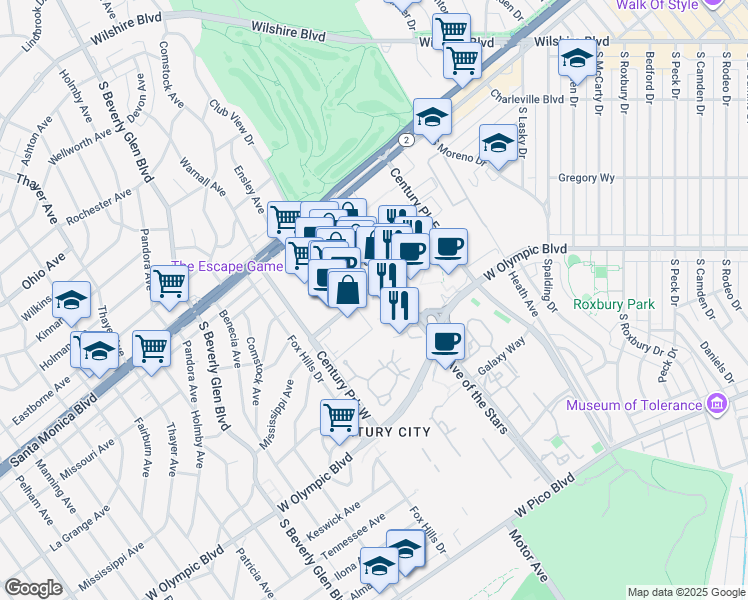 map of restaurants, bars, coffee shops, grocery stores, and more near 2025 Avenue of the Stars in Los Angeles