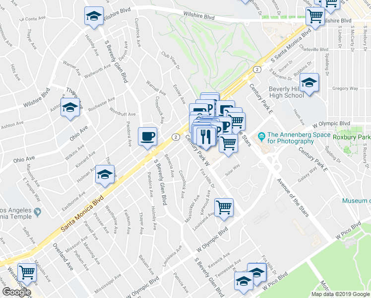 map of restaurants, bars, coffee shops, grocery stores, and more near 1835 Fox Hills Drive in Los Angeles