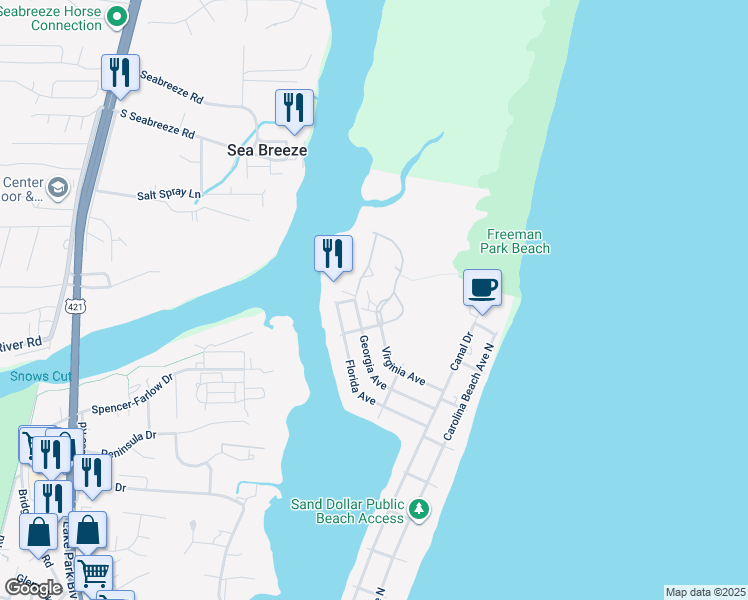 map of restaurants, bars, coffee shops, grocery stores, and more near 307 Georgia Avenue in Carolina Beach