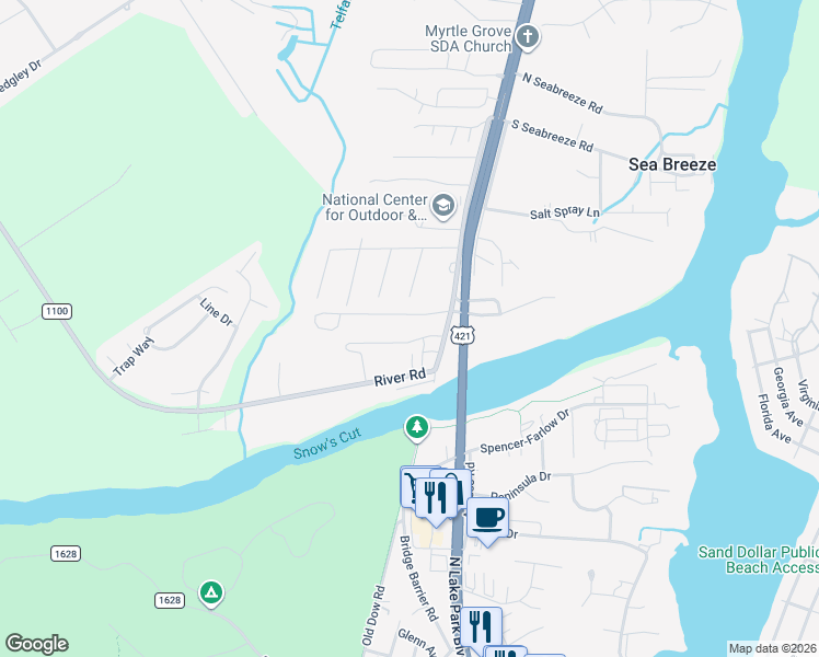 map of restaurants, bars, coffee shops, grocery stores, and more near 9623 River Road in Wilmington