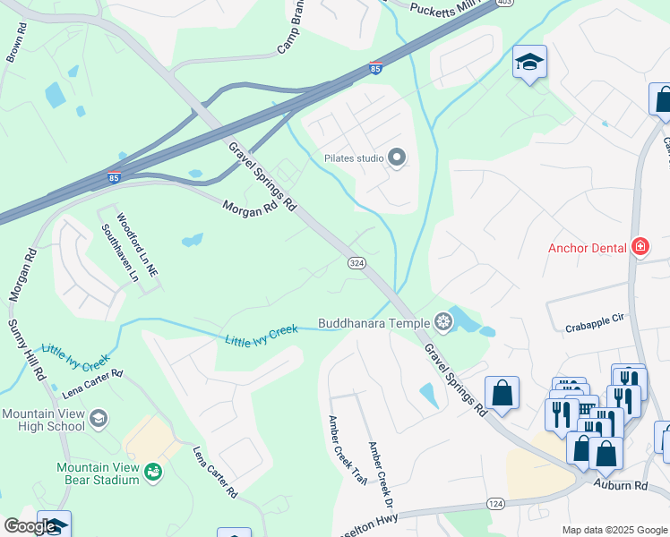 map of restaurants, bars, coffee shops, grocery stores, and more near 2585 Kirkstone Drive in Buford