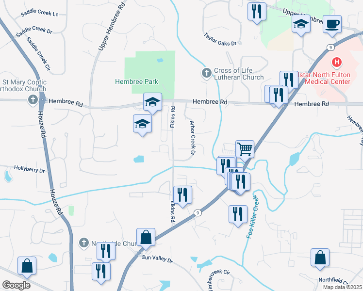 map of restaurants, bars, coffee shops, grocery stores, and more near 530 Arbor Creek Court in Roswell