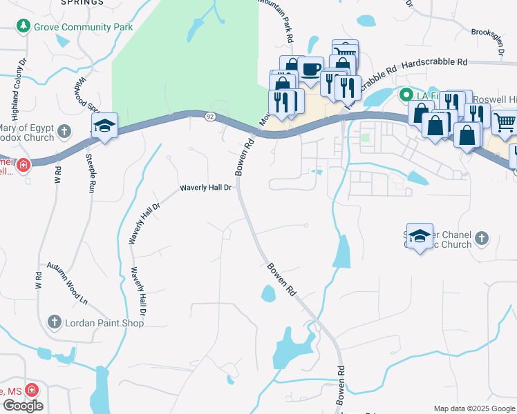 map of restaurants, bars, coffee shops, grocery stores, and more near 11355 Bowen Road in Roswell