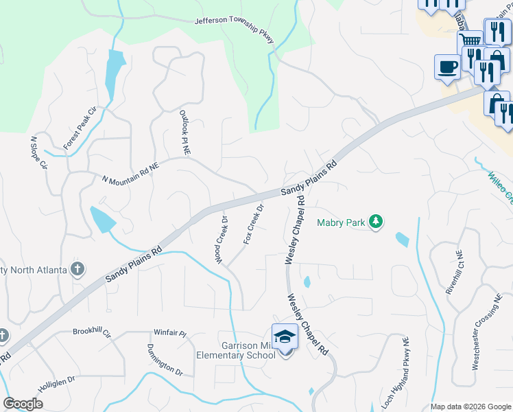 map of restaurants, bars, coffee shops, grocery stores, and more near 4515 Fox Creek Drive in Marietta
