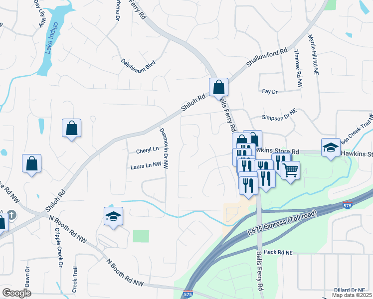 map of restaurants, bars, coffee shops, grocery stores, and more near 4380 Laurian Drive Northwest in Kennesaw