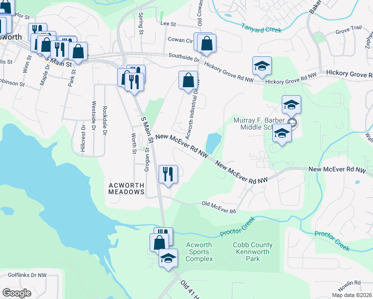map of restaurants, bars, coffee shops, grocery stores, and more near 4210 Jay Jen Lane Northwest in Acworth
