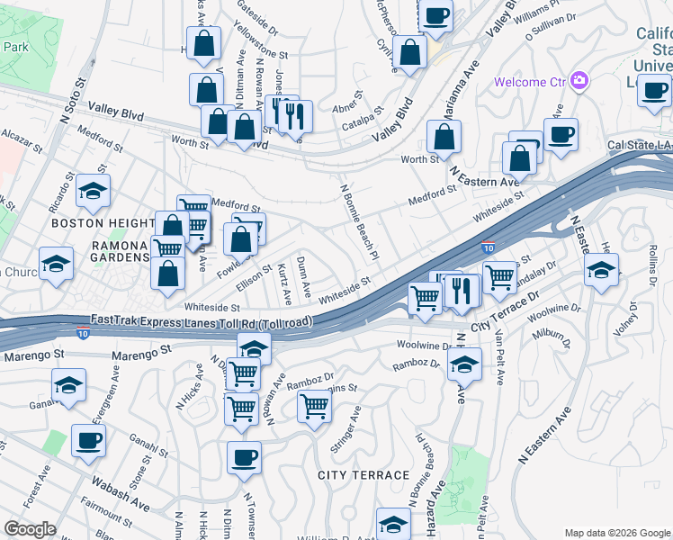 map of restaurants, bars, coffee shops, grocery stores, and more near 1504 Attridge Avenue in Los Angeles