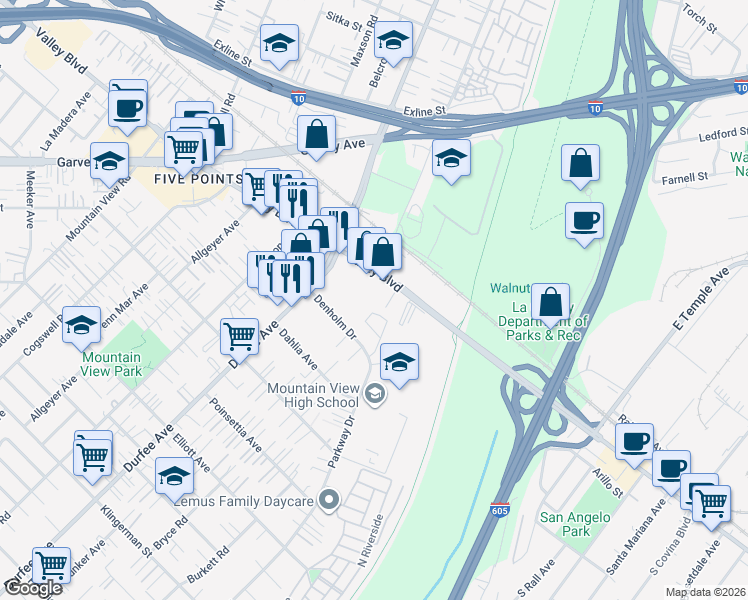 map of restaurants, bars, coffee shops, grocery stores, and more near 12368 Valley Boulevard in El Monte