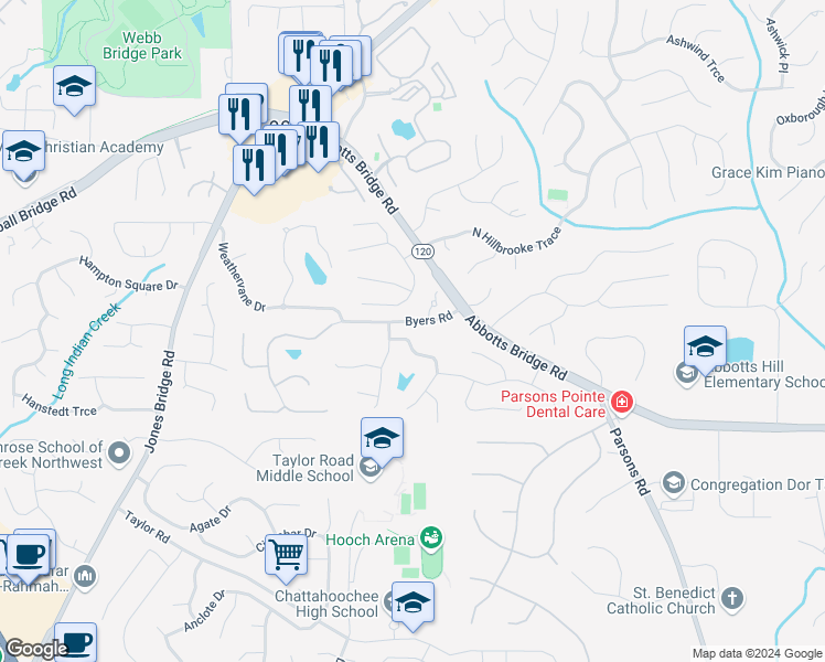 map of restaurants, bars, coffee shops, grocery stores, and more near 11405 Vedrines Drive in Alpharetta