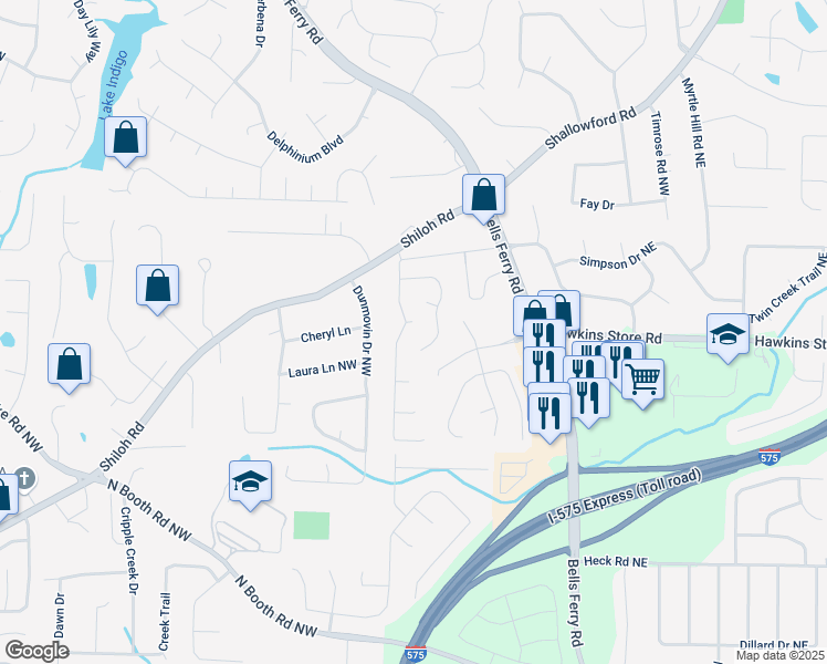 map of restaurants, bars, coffee shops, grocery stores, and more near 4380 Laurian Drive Northwest in Kennesaw
