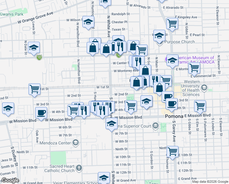 map of restaurants, bars, coffee shops, grocery stores, and more near 855 West 2nd Street in Pomona