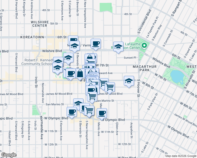 map of restaurants, bars, coffee shops, grocery stores, and more near 804 South Vermont Avenue in Los Angeles