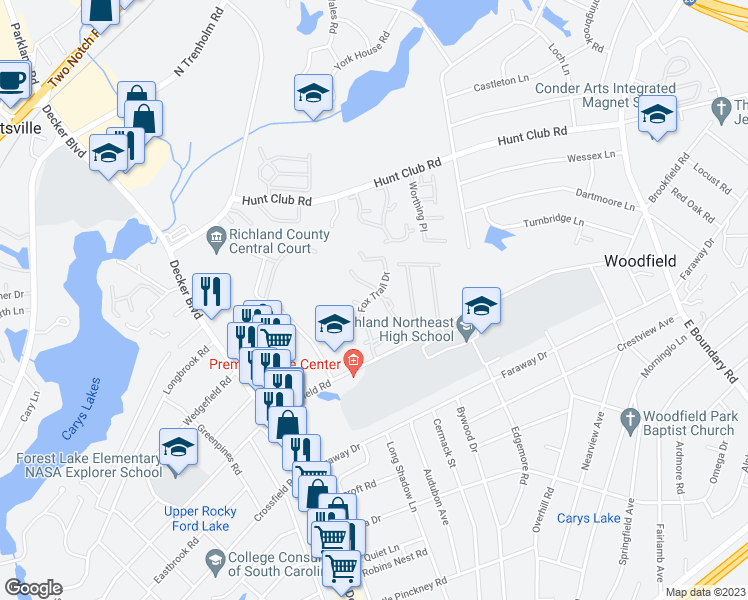 map of restaurants, bars, coffee shops, grocery stores, and more near 77 Fox Trail Drive in Columbia