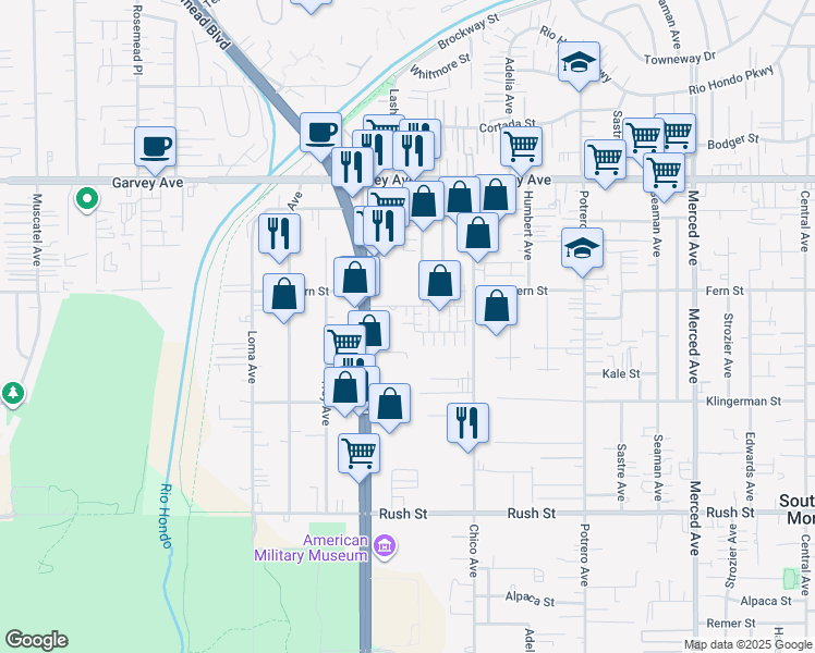 map of restaurants, bars, coffee shops, grocery stores, and more near 9404 Presley Street in South El Monte