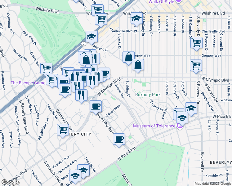 map of restaurants, bars, coffee shops, grocery stores, and more near 2170 Century Park East in Los Angeles