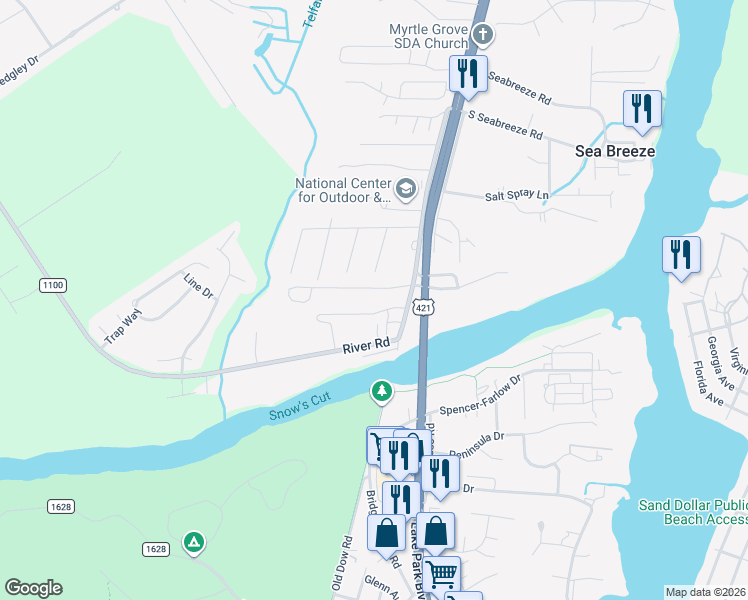 map of restaurants, bars, coffee shops, grocery stores, and more near 9623 River Road in Wilmington