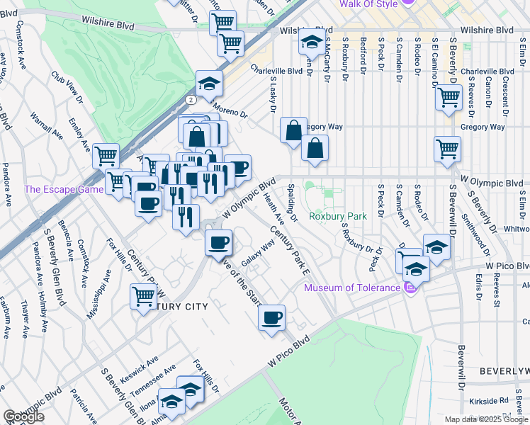 map of restaurants, bars, coffee shops, grocery stores, and more near 2170 Century Park East in Los Angeles